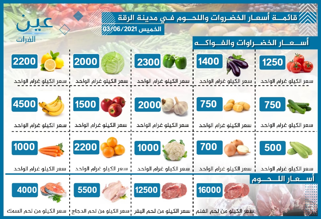 أسعار الخضار والفواكه واللحوم بمدينة الرقة الخاضعة لسيطرة "قسد"