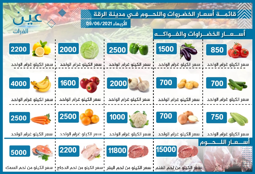 أسعار الخضار والفواكه واللحوم بمدينة الرقة الخاضعة لسيطرة قسد 