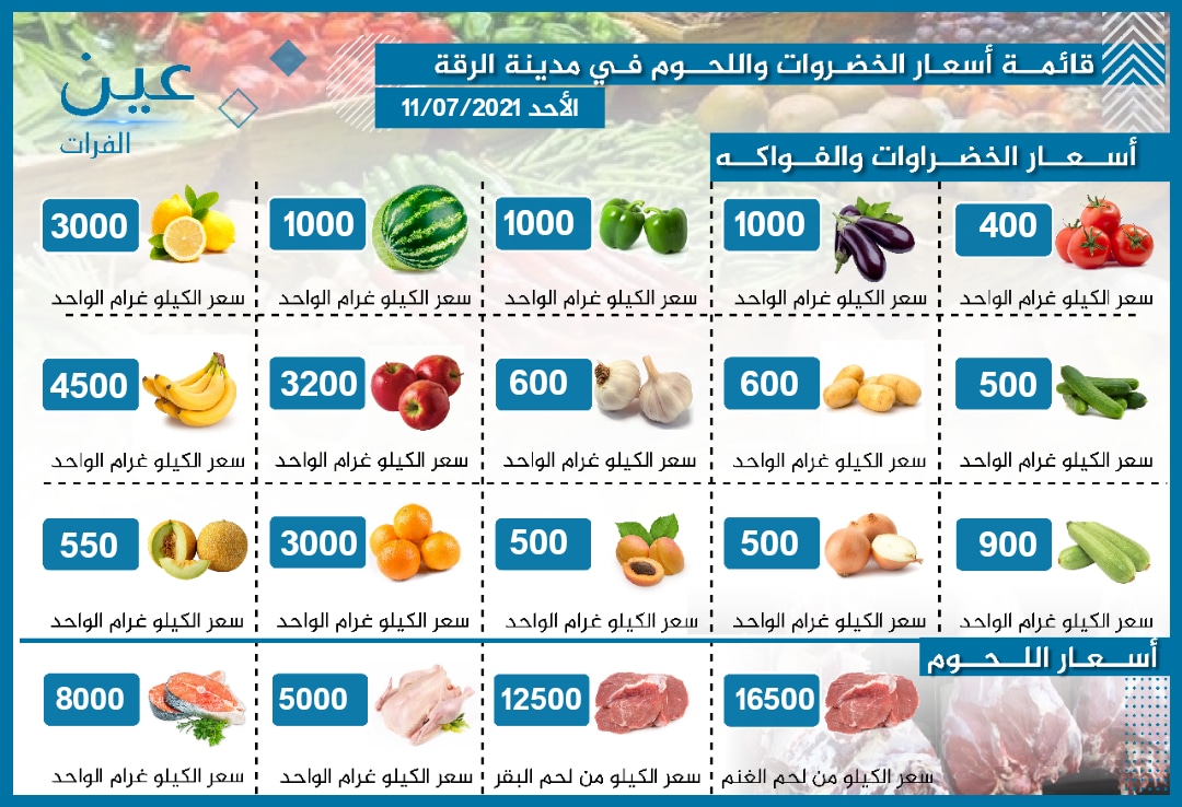 أسعار الخضار والفواكه واللحوم بمدينة الرقة الخاضعة لسيطرة قسد 