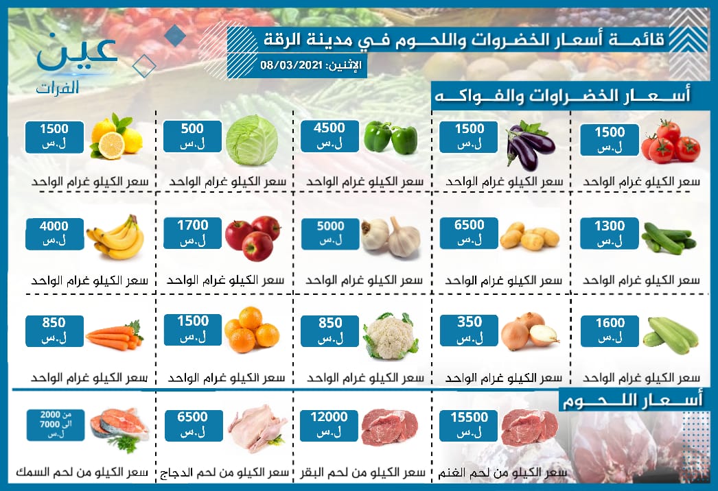 أسعار الخضار والفواكه واللحوم بمدينة الرقة