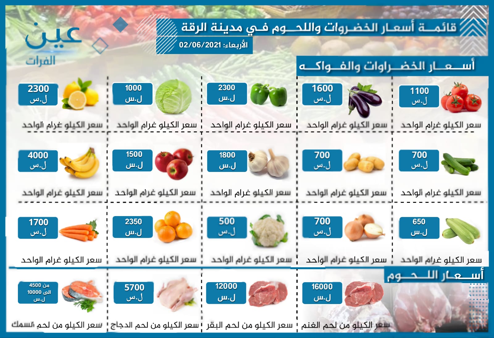 أسعار الخضار والفواكه واللحوم بمدينة الرقة الخاضعة لسيطرة "قسد"