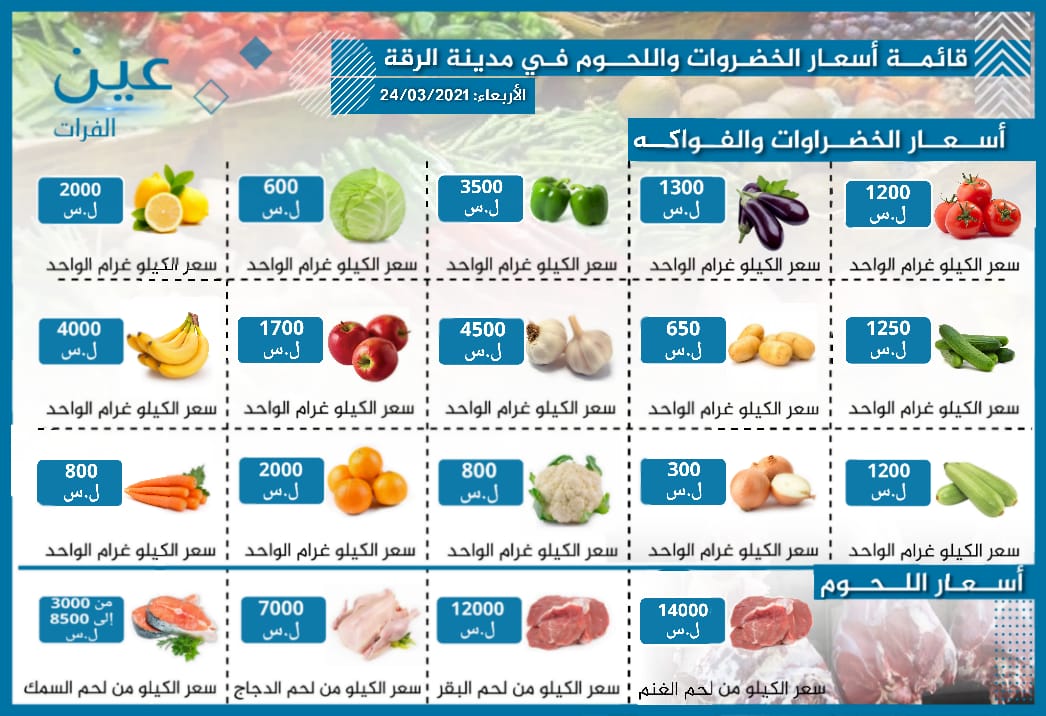 أسعار الخضار والفواكه واللحوم بمدينة الرقة