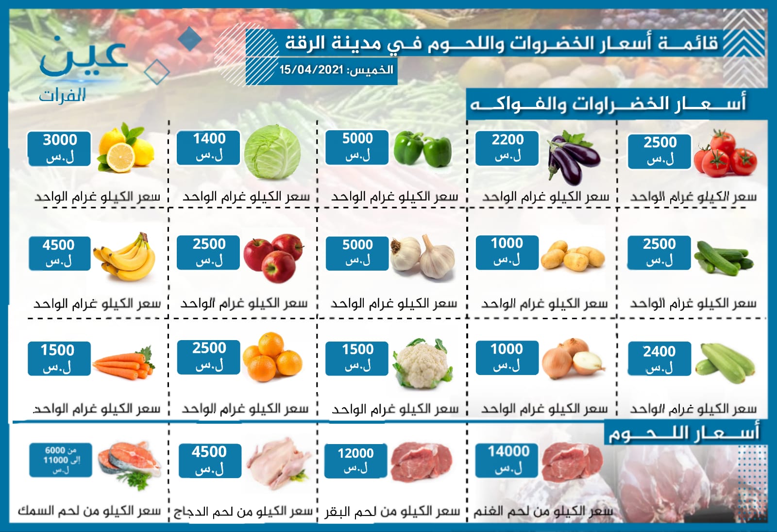 أسعار الخضار والفواكه واللحوم بمدينة الرقة