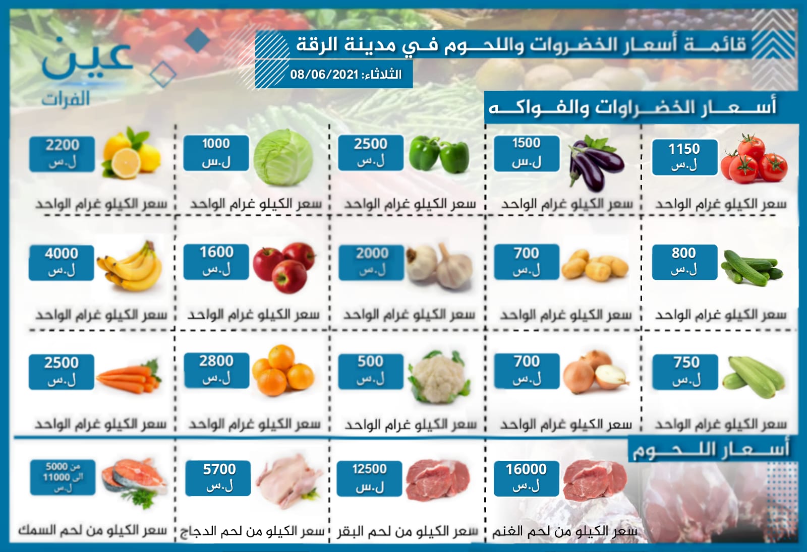 أسعار الخضار والفواكه واللحوم بمدينة الرقة الخاضعة لسيطرة "قسد"