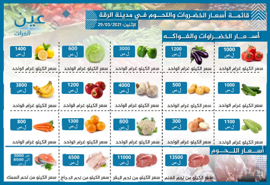 أسعار الخضار والفواكه واللحوم بمدينة الرقة