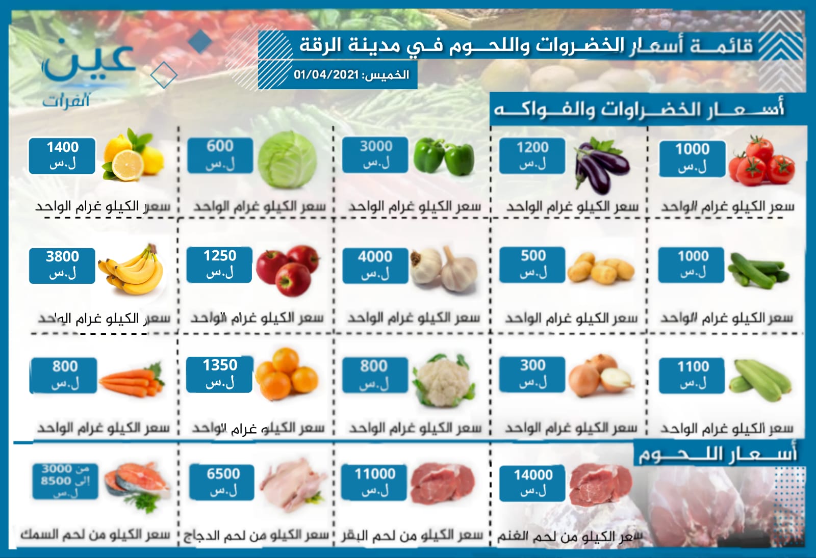 أسعار الخضار والفواكه واللحوم بمدينة الرقة