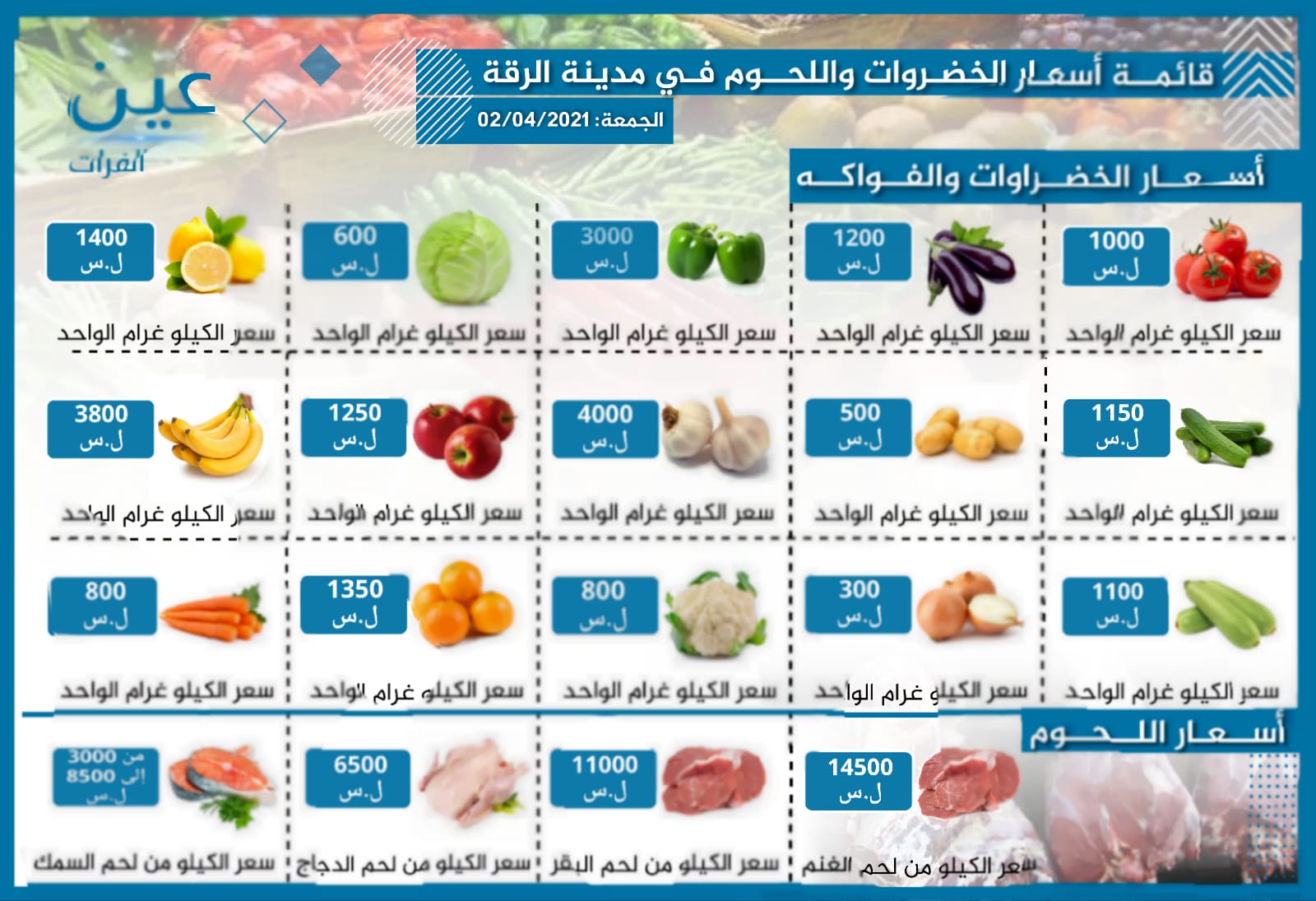 أسعار الخضار والفواكه واللحوم بمدينة الرقة