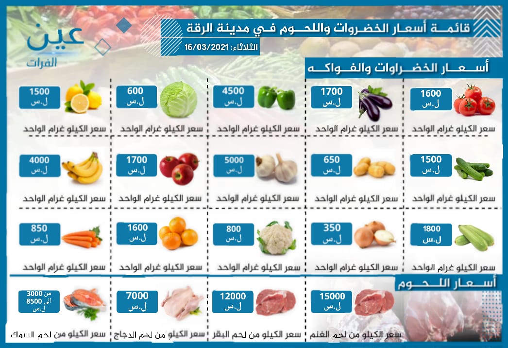 أسعار الخضار والفواكه واللحوم بمدينة الرقة