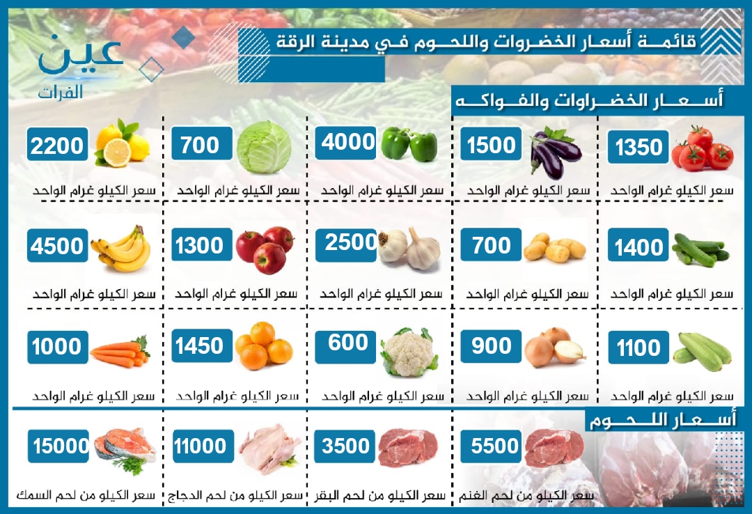 نشرة بأسعار الخضار والفواكه واللحوم بمدينة الرقة الخاضعة لسيطرة قسد