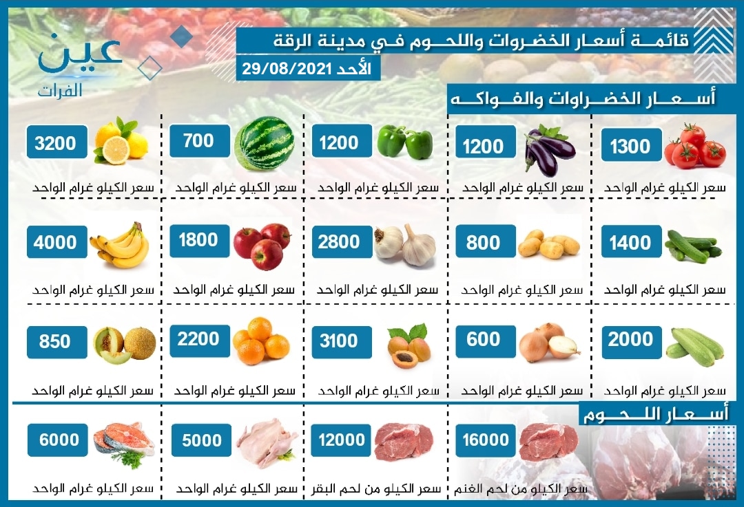 نشرة بأسعار الخضار والفواكه واللحوم بمدينة الرقة الخاضعة لسيطرة قسد