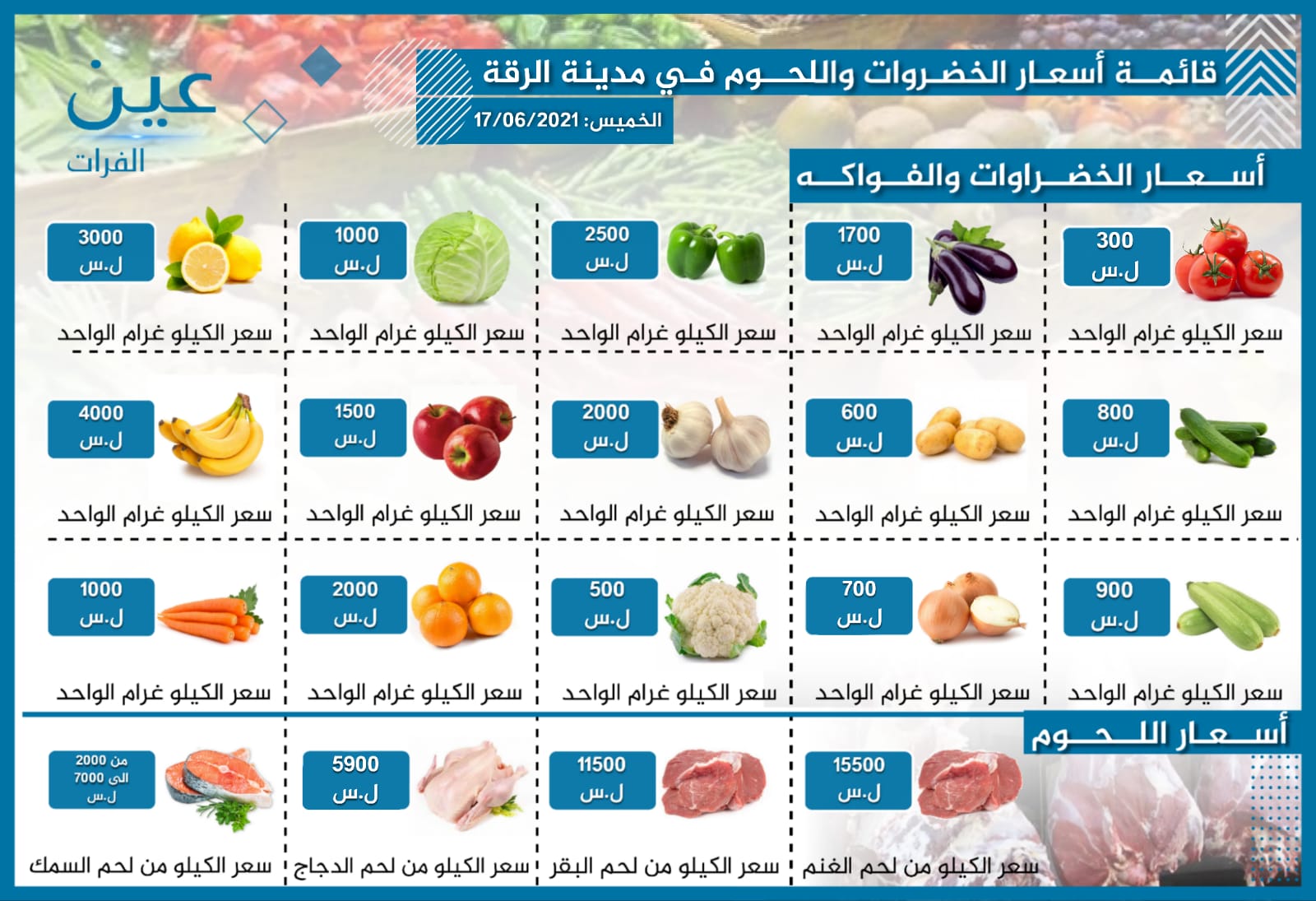 أسعار الخضار والفواكه واللحوم بمدينة الرقة الخاضعة لسيطرة "قسد"