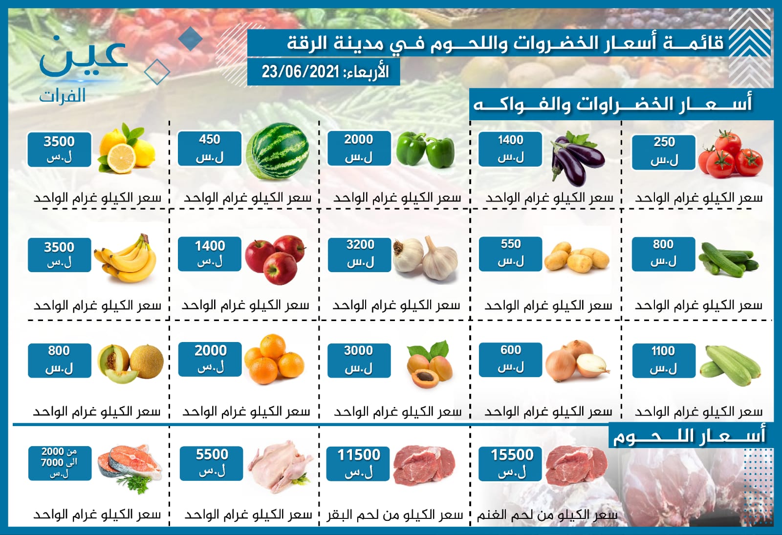 أسعار الخضار والفواكه واللحوم بمدينة الرقة